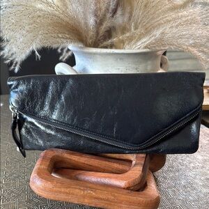 HOBO Black Leather Clutch with Zipper Detail